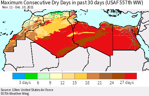 North Africa Maximum Consecutive Dry Days in past 30 days (USAF 557th WW) 12/10/2021 Thematic Map For 12/6/2021 - 12/10/2021