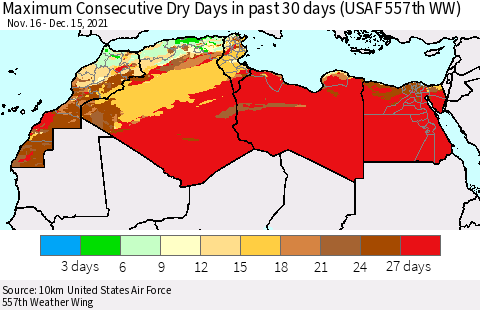 North Africa Maximum Consecutive Dry Days in past 30 days (USAF 557th WW) 12/15/2021 Thematic Map For 12/11/2021 - 12/15/2021