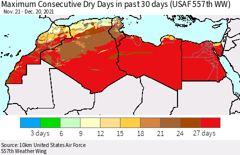 North Africa Maximum Consecutive Dry Days in past 30 days (USAF 557th WW) 12/20/2021 Thematic Map For 12/16/2021 - 12/20/2021
