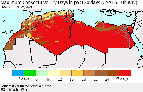 North Africa Maximum Consecutive Dry Days in past 30 days (USAF 557th WW) 12/25/2021 Thematic Map For 12/21/2021 - 12/25/2021