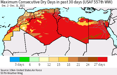 North Africa Maximum Consecutive Dry Days in past 30 days (USAF 557th WW) 12/31/2021 Thematic Map For 12/26/2021 - 12/31/2021