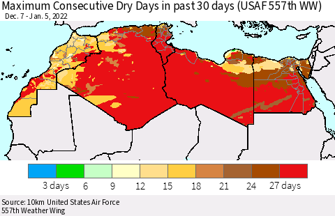 North Africa Maximum Consecutive Dry Days in past 30 days (USAF 557th WW) 01/05/2022 Thematic Map For 1/1/2022 - 1/5/2022