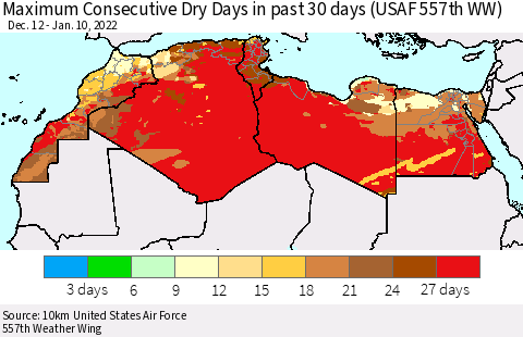 North Africa Maximum Consecutive Dry Days in past 30 days (USAF 557th WW) 01/10/2022 Thematic Map For 1/6/2022 - 1/10/2022