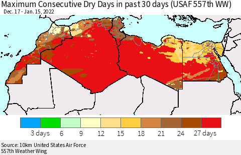 North Africa Maximum Consecutive Dry Days in past 30 days (USAF 557th WW) 01/15/2022 Thematic Map For 1/11/2022 - 1/15/2022