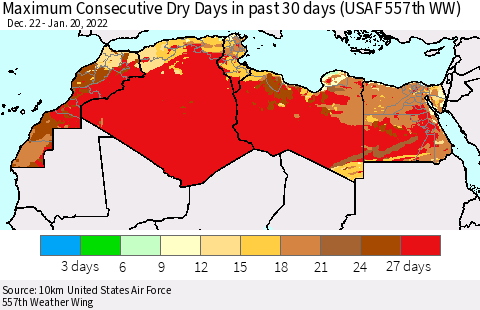 North Africa Maximum Consecutive Dry Days in past 30 days (USAF 557th WW) 01/20/2022 Thematic Map For 1/16/2022 - 1/20/2022