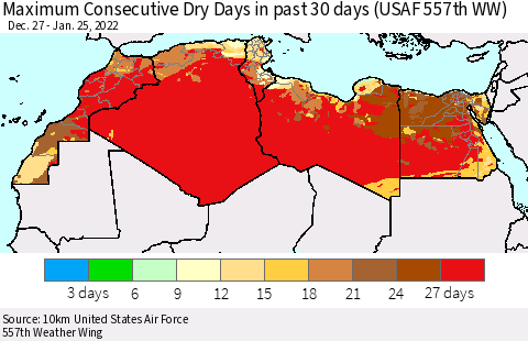 North Africa Maximum Consecutive Dry Days in past 30 days (USAF 557th WW) 01/25/2022 Thematic Map For 1/21/2022 - 1/25/2022