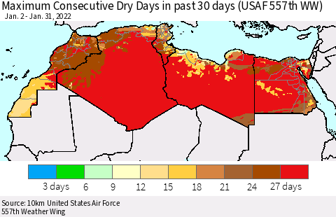 North Africa Maximum Consecutive Dry Days in past 30 days (USAF 557th WW) 01/31/2022 Thematic Map For 1/26/2022 - 1/31/2022