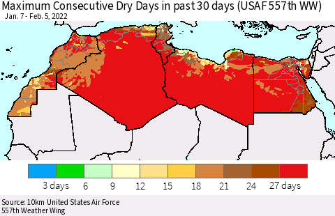 North Africa Maximum Consecutive Dry Days in past 30 days (USAF 557th WW) 02/05/2022 Thematic Map For 2/1/2022 - 2/5/2022