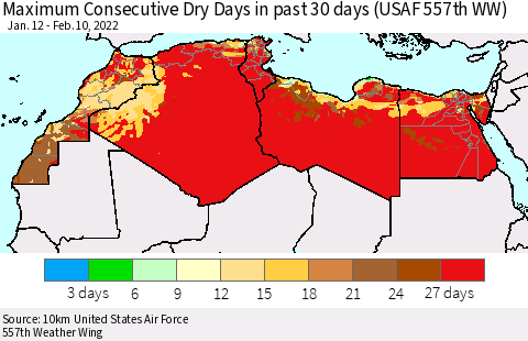 North Africa Maximum Consecutive Dry Days in past 30 days (USAF 557th WW) 02/10/2022 Thematic Map For 2/6/2022 - 2/10/2022
