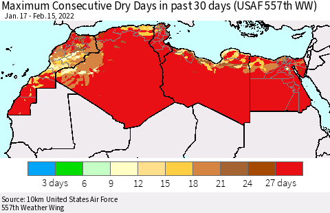 North Africa Maximum Consecutive Dry Days in past 30 days (USAF 557th WW) 02/15/2022 Thematic Map For 2/11/2022 - 2/15/2022