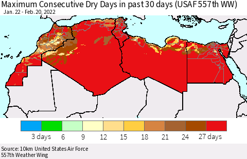 North Africa Maximum Consecutive Dry Days in past 30 days (USAF 557th WW) 02/20/2022 Thematic Map For 2/16/2022 - 2/20/2022