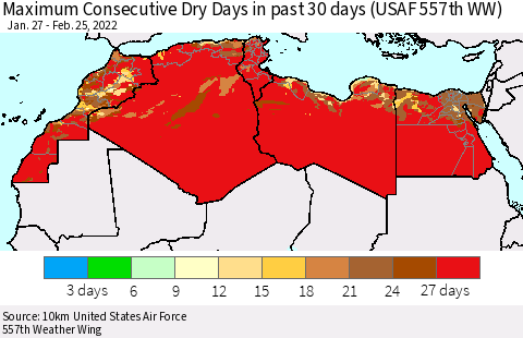 North Africa Maximum Consecutive Dry Days in past 30 days (USAF 557th WW) 02/25/2022 Thematic Map For 2/21/2022 - 2/25/2022