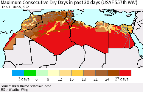 North Africa Maximum Consecutive Dry Days in past 30 days (USAF 557th WW) 03/05/2022 Thematic Map For 3/1/2022 - 3/5/2022