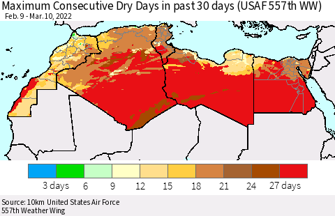 North Africa Maximum Consecutive Dry Days in past 30 days (USAF 557th WW) 03/10/2022 Thematic Map For 3/6/2022 - 3/10/2022