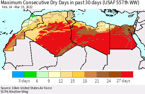 North Africa Maximum Consecutive Dry Days in past 30 days (USAF 557th WW) 03/15/2022 Thematic Map For 3/11/2022 - 3/15/2022