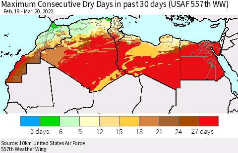 North Africa Maximum Consecutive Dry Days in past 30 days (USAF 557th WW) 03/20/2022 Thematic Map For 3/16/2022 - 3/20/2022