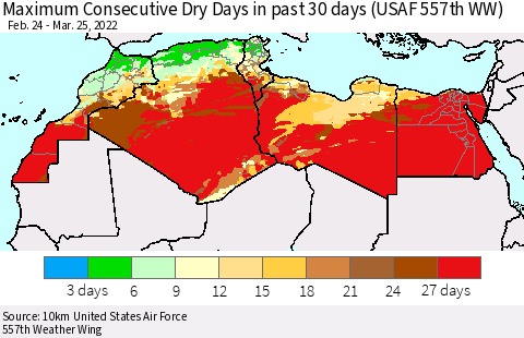 North Africa Maximum Consecutive Dry Days in past 30 days (USAF 557th WW) 03/25/2022 Thematic Map For 3/21/2022 - 3/25/2022
