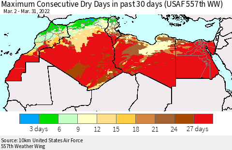 North Africa Maximum Consecutive Dry Days in past 30 days (USAF 557th WW) 03/31/2022 Thematic Map For 3/26/2022 - 3/31/2022