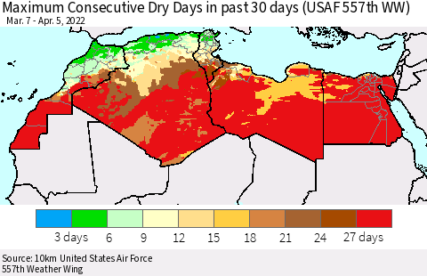 North Africa Maximum Consecutive Dry Days in past 30 days (USAF 557th WW) Thematic Map For 4/1/2022 - 4/5/2022