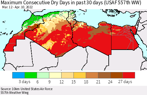 North Africa Maximum Consecutive Dry Days in past 30 days (USAF 557th WW) 04/10/2022 Thematic Map For 4/6/2022 - 4/10/2022