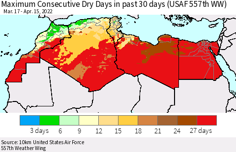 North Africa Maximum Consecutive Dry Days in past 30 days (USAF 557th WW) 04/15/2022 Thematic Map For 4/11/2022 - 4/15/2022