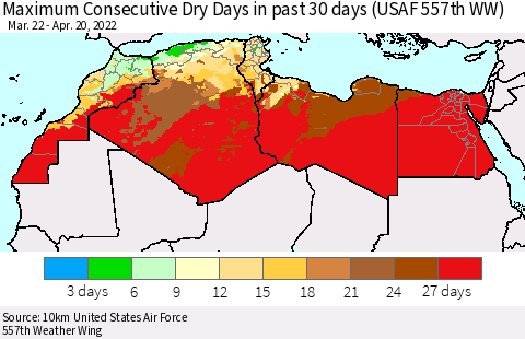 North Africa Maximum Consecutive Dry Days in past 30 days (USAF 557th WW) 04/20/2022 Thematic Map For 4/16/2022 - 4/20/2022