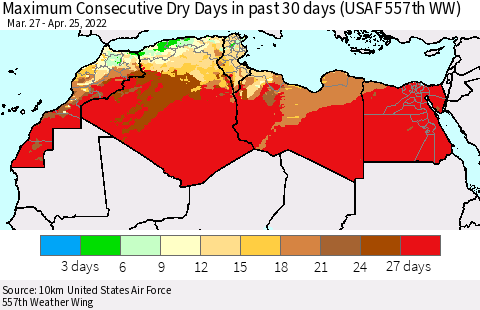 North Africa Maximum Consecutive Dry Days in past 30 days (USAF 557th WW) 04/25/2022 Thematic Map For 4/21/2022 - 4/25/2022