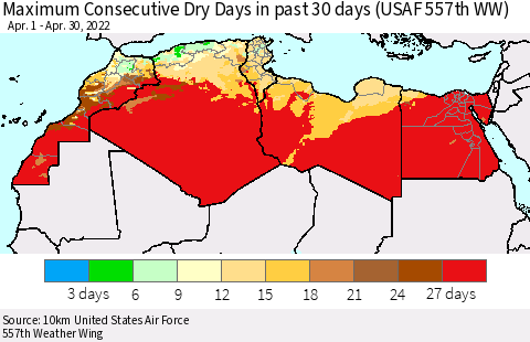 North Africa Maximum Consecutive Dry Days in past 30 days (USAF 557th WW) 04/30/2022 Thematic Map For 4/26/2022 - 4/30/2022