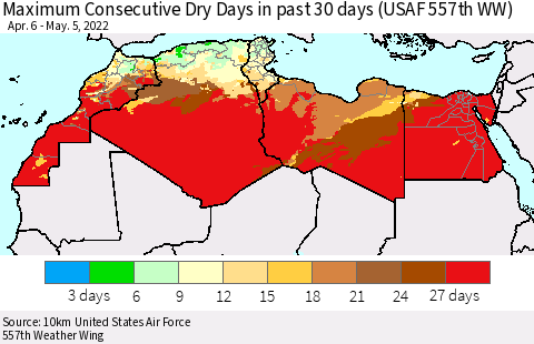 North Africa Maximum Consecutive Dry Days in past 30 days (USAF 557th WW) 05/05/2022 Thematic Map For 5/1/2022 - 5/5/2022