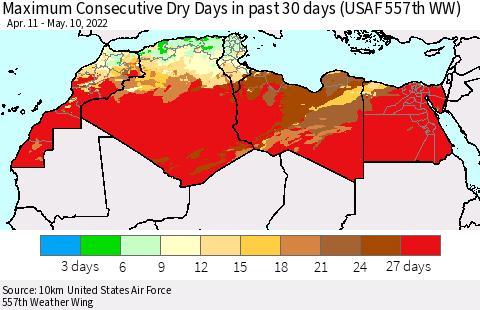 North Africa Maximum Consecutive Dry Days in past 30 days (USAF 557th WW) 05/10/2022 Thematic Map For 5/6/2022 - 5/10/2022