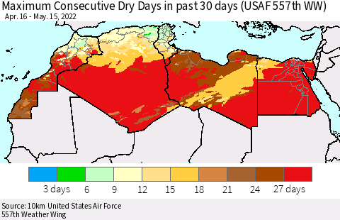 North Africa Maximum Consecutive Dry Days in past 30 days (USAF 557th WW) 05/15/2022 Thematic Map For 5/11/2022 - 5/15/2022