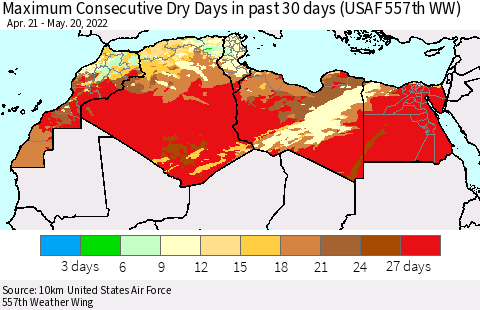 North Africa Maximum Consecutive Dry Days in past 30 days (USAF 557th WW) 05/20/2022 Thematic Map For 5/16/2022 - 5/20/2022