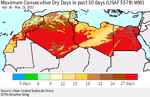 North Africa Maximum Consecutive Dry Days in past 30 days (USAF 557th WW) 05/25/2022 Thematic Map For 5/21/2022 - 5/25/2022