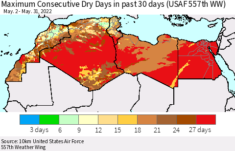 North Africa Maximum Consecutive Dry Days in past 30 days (USAF 557th WW) 05/31/2022 Thematic Map For 5/26/2022 - 5/31/2022