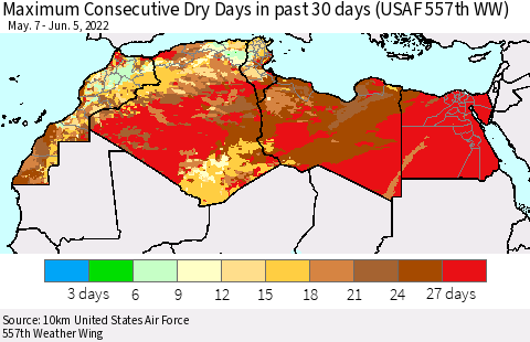 North Africa Maximum Consecutive Dry Days in past 30 days (USAF 557th WW) 06/05/2022 Thematic Map For 6/1/2022 - 6/5/2022