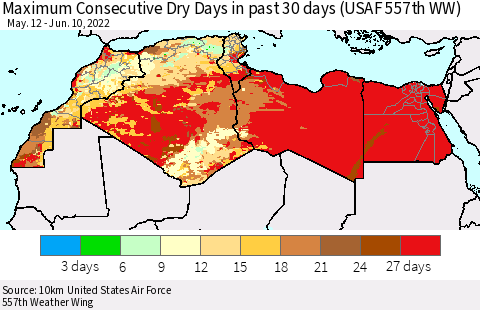North Africa Maximum Consecutive Dry Days in past 30 days (USAF 557th WW) 06/10/2022 Thematic Map For 6/6/2022 - 6/10/2022
