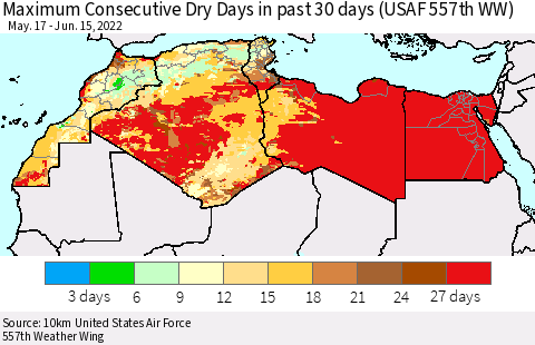 North Africa Maximum Consecutive Dry Days in past 30 days (USAF 557th WW) 06/15/2022 Thematic Map For 6/11/2022 - 6/15/2022