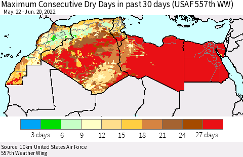 North Africa Maximum Consecutive Dry Days in past 30 days (USAF 557th WW) 06/20/2022 Thematic Map For 6/16/2022 - 6/20/2022
