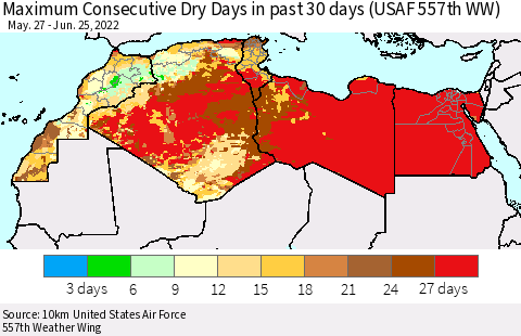 North Africa Maximum Consecutive Dry Days in past 30 days (USAF 557th WW) 06/25/2022 Thematic Map For 6/21/2022 - 6/25/2022