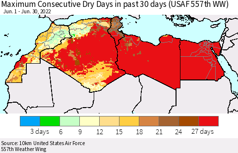 North Africa Maximum Consecutive Dry Days in past 30 days (USAF 557th WW) 06/30/2022 Thematic Map For 6/26/2022 - 6/30/2022