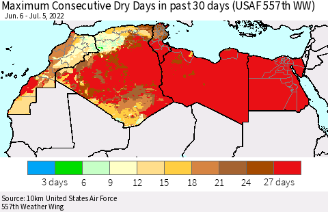 North Africa Maximum Consecutive Dry Days in past 30 days (USAF 557th WW) 07/05/2022 Thematic Map For 7/1/2022 - 7/5/2022