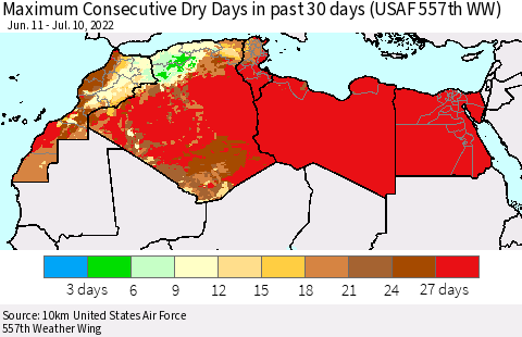 North Africa Maximum Consecutive Dry Days in past 30 days (USAF 557th WW) 07/10/2022 Thematic Map For 7/6/2022 - 7/10/2022
