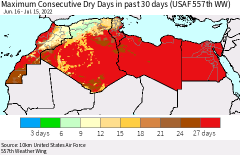 North Africa Maximum Consecutive Dry Days in past 30 days (USAF 557th WW) 07/15/2022 Thematic Map For 7/11/2022 - 7/15/2022