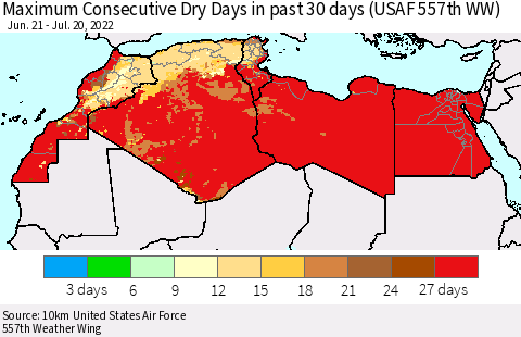 North Africa Maximum Consecutive Dry Days in past 30 days (USAF 557th WW) 07/20/2022 Thematic Map For 7/16/2022 - 7/20/2022