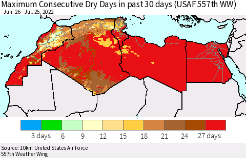 North Africa Maximum Consecutive Dry Days in past 30 days (USAF 557th WW) 07/25/2022 Thematic Map For 7/21/2022 - 7/25/2022