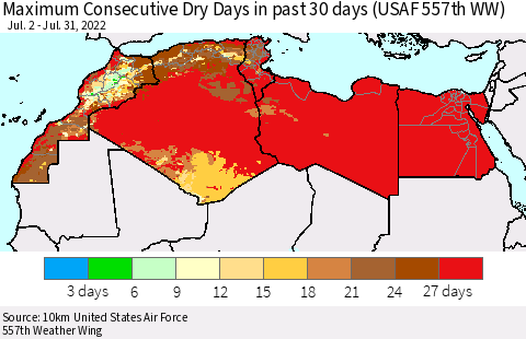 North Africa Maximum Consecutive Dry Days in past 30 days (USAF 557th WW) 07/31/2022 Thematic Map For 7/26/2022 - 7/31/2022