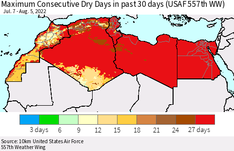 North Africa Maximum Consecutive Dry Days in past 30 days (USAF 557th WW) 08/05/2022 Thematic Map For 8/1/2022 - 8/5/2022