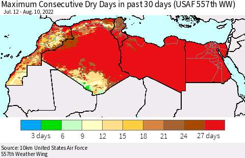 North Africa Maximum Consecutive Dry Days in past 30 days (USAF 557th WW) 08/10/2022 Thematic Map For 8/6/2022 - 8/10/2022