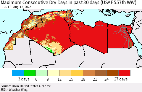 North Africa Maximum Consecutive Dry Days in past 30 days (USAF 557th WW) 08/15/2022 Thematic Map For 8/11/2022 - 8/15/2022