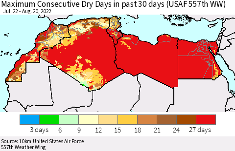 North Africa Maximum Consecutive Dry Days in past 30 days (USAF 557th WW) 08/20/2022 Thematic Map For 8/16/2022 - 8/20/2022